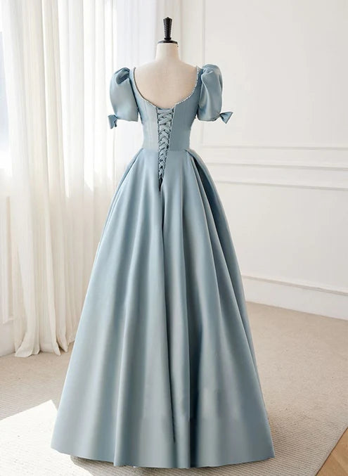 Luolandi A-line Blue Satin Short Sleevs Long Formal Dress Simple Floor Length Prom Dress Elegant Evening Dress